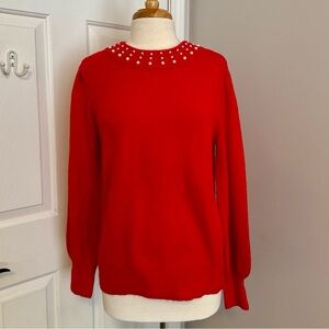 CeCe Red Sweater with Pearl Details